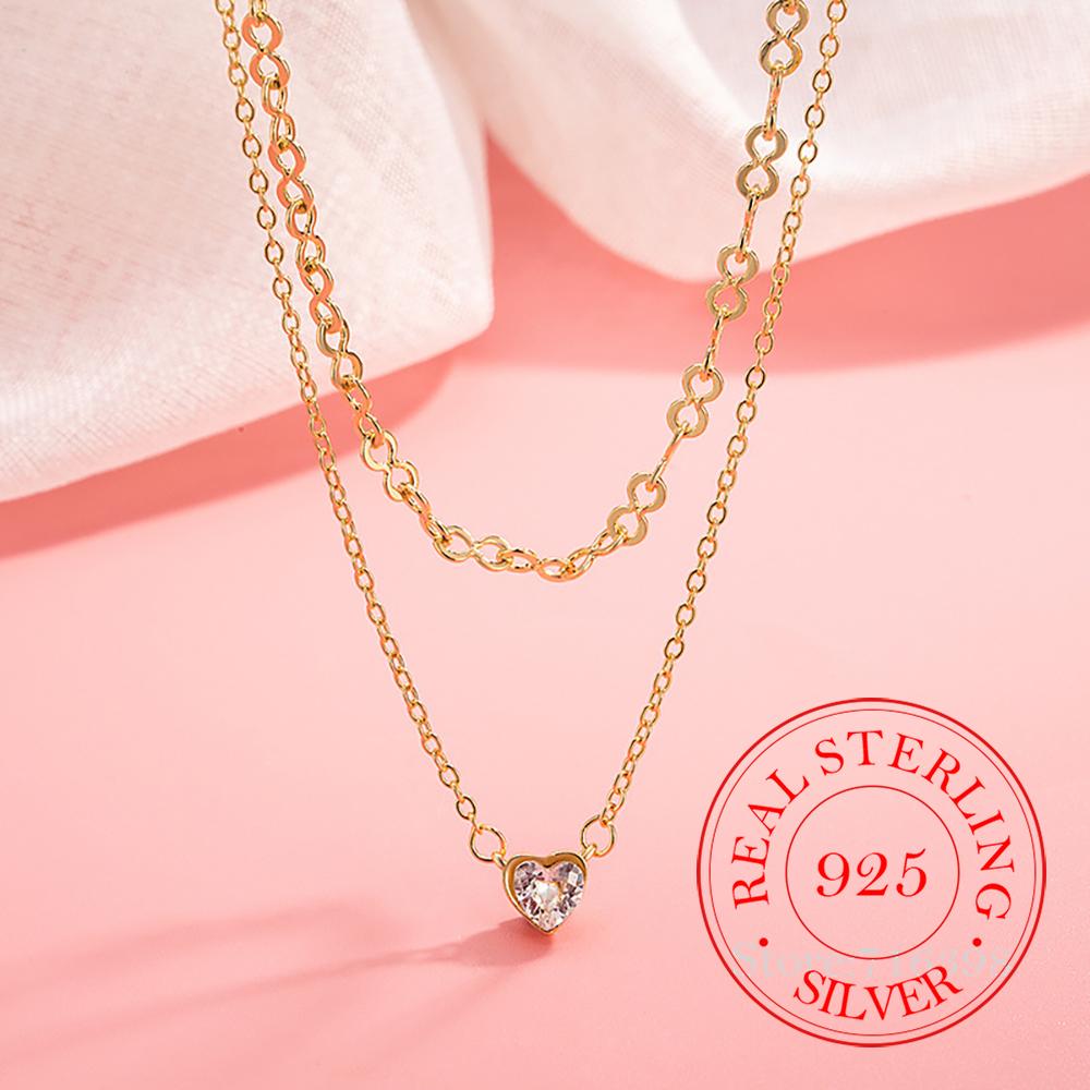 925 Sterling Silver 2- Layer Love Heart Chains Necklace For Women Choker Chain Wedding Engagement Jewelry Gift