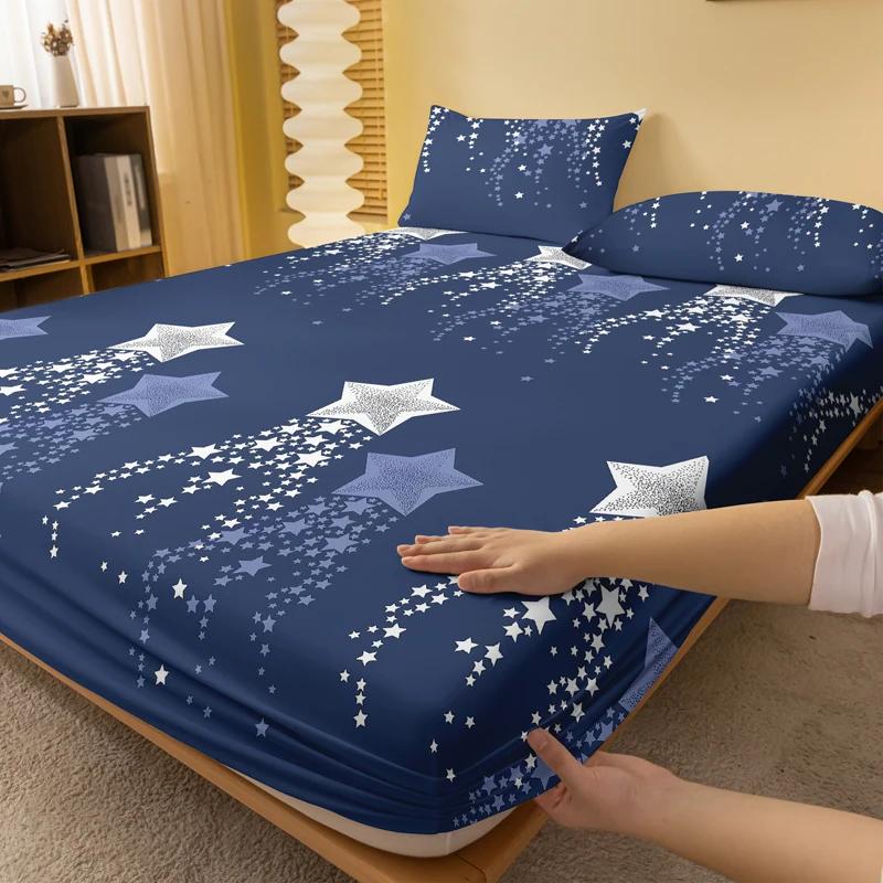 Simple 1 Modern Pentagram Geometry Printed Matte Fitted Sheet, Bedroom Printed Bed Cover, Bedding Excluding Pillowcases