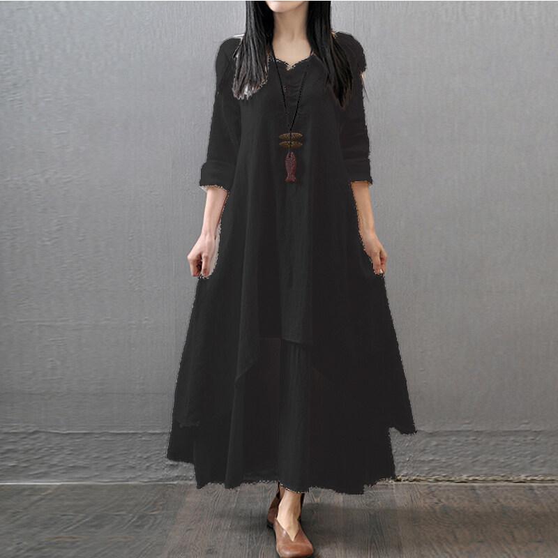 Muslim Women Linen Cotton Shirt Dress Abaya Long Sleeve Kaftan Dress Irregular Design Dress Casual Loose Baggy Maxi Dress Robe Plus Size M-5XL