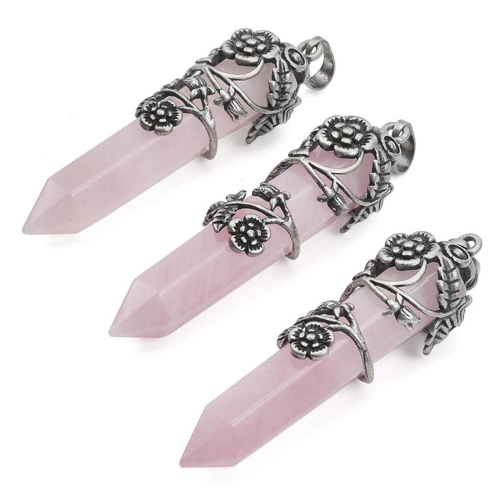 Mode natürliche Kristall sechseckige Säule Vintage Legierung Rose Anhänger Amethyst Kristall Halskette