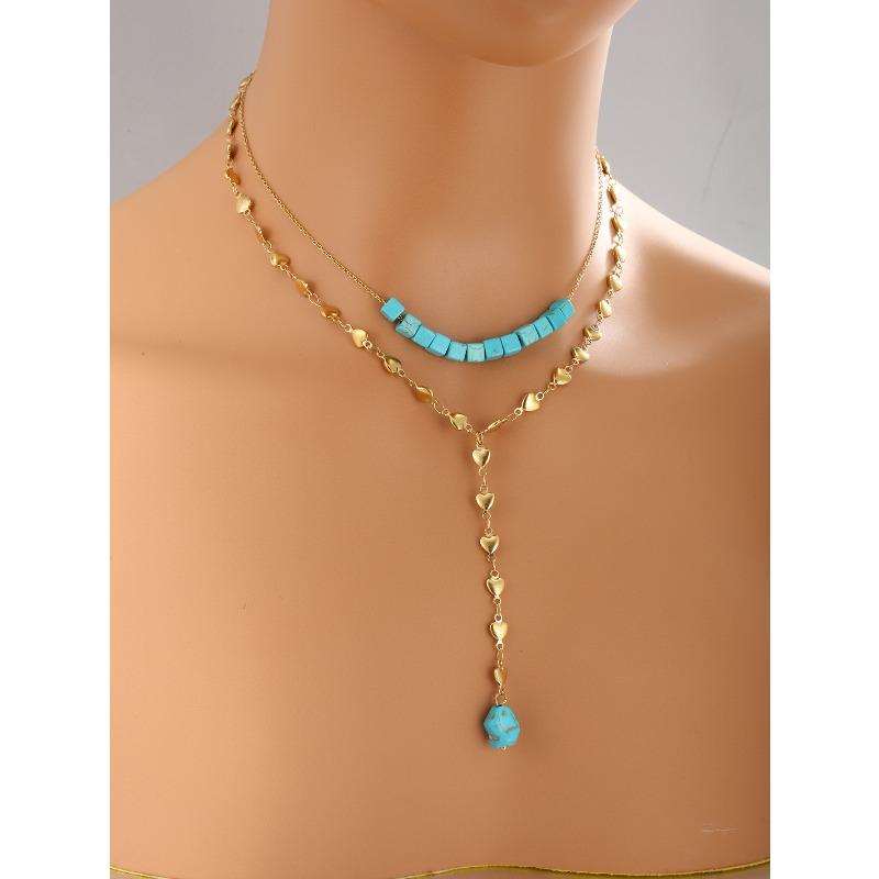 Meier French retro 14k gold plated stainless steel turquoise necklace for women