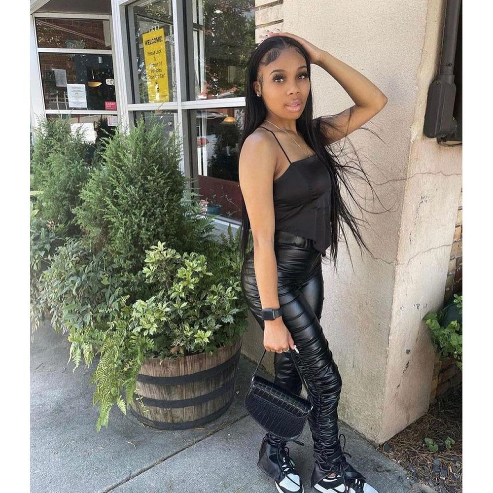 Podzimní evropská a americká móda: Sexy skládané kalhoty z umělé kůže s vysokým pasem