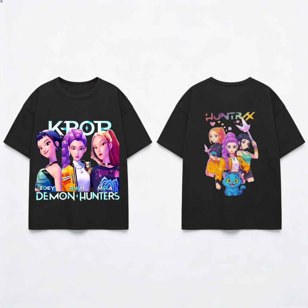Kinder Kurzarm T-Shirts Stoff Huntrix KPOP Dämonenjäger Cartoon Kostüm Kleinkind Doppelseitiger Druck T-Shirt Baby Mädchen Jungen Stoff