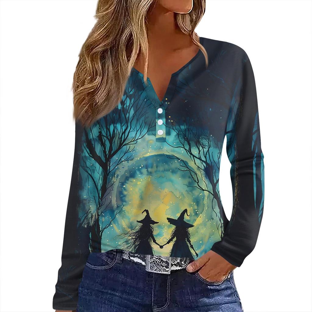 Women's T Shirt Tee HAlloween Print Button Long Sleeve Daily Weekend Fashion Basic V- Neck Regular Top