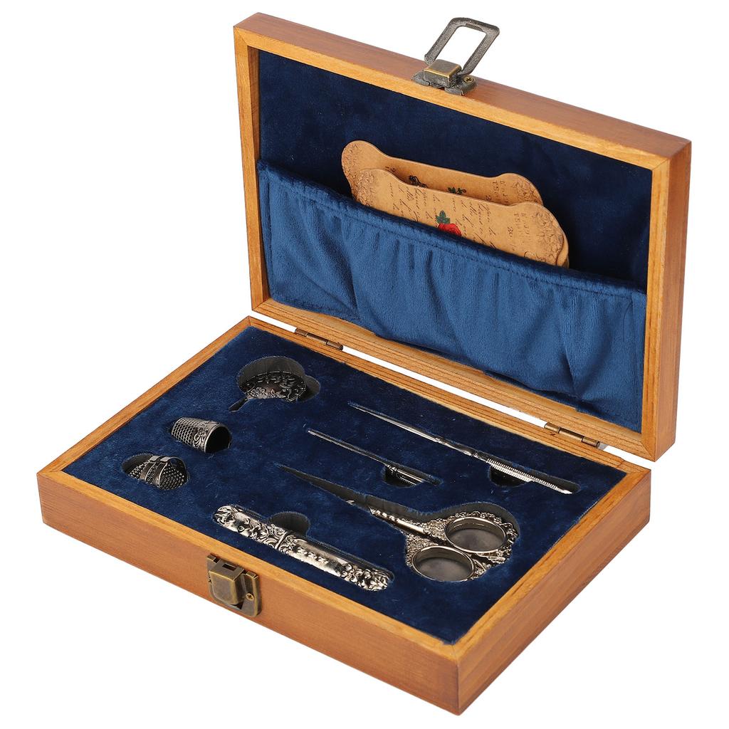 Vintage Embroidery Scissors Set Wooden Stainless Steel Sewing Box Scissors Kit Multifunctional Sewing Embroidery Tools