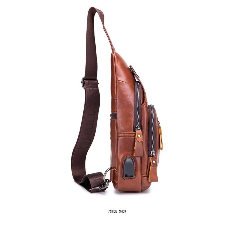2024 New 100% Cowhide Leather Casual Fashion Crossbody Chest Bag Men's Leather Bag USB Charging Travel Shoulder Bag Daypack Male