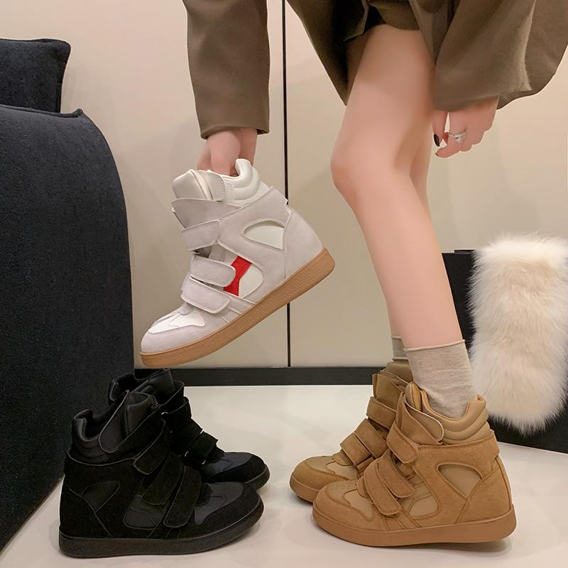 Spring Women Leather Wedge Platform Boots Hidden Heel Platform Shoes High Top Sneaker Casual Shoes for Woman Ankle Boot
