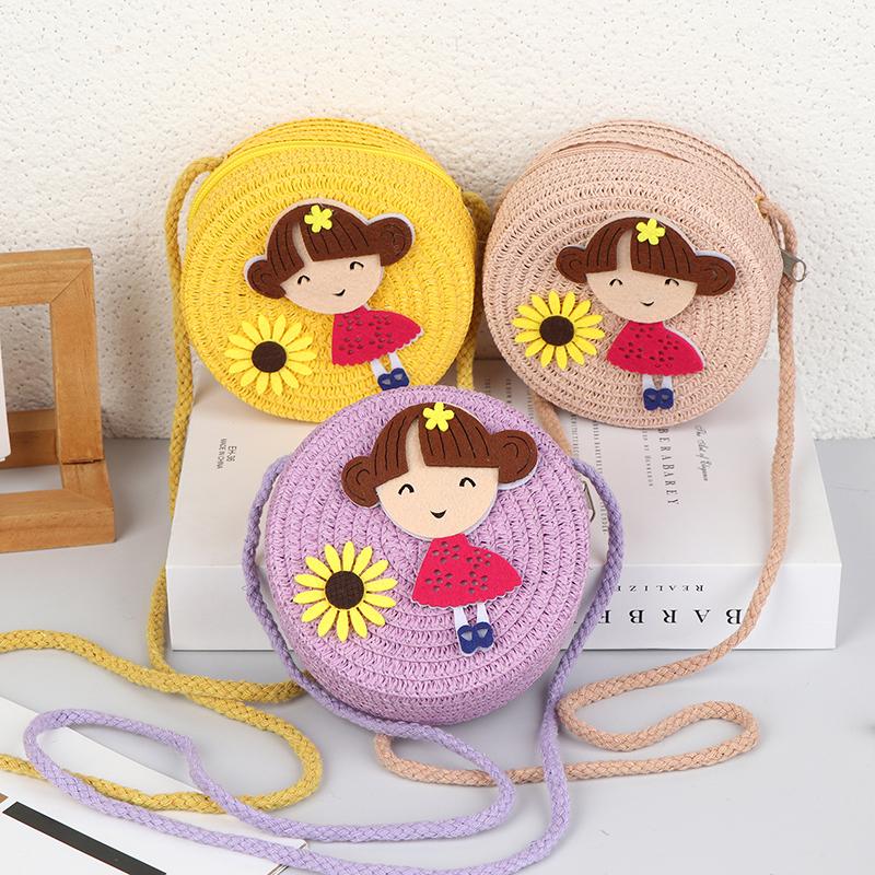 Children Flower Girl Straw Bag Crossbody Bag Handmade Woven Messenger Bag Straw Handbag Shoulder Bag Summer Kids Coin Purse