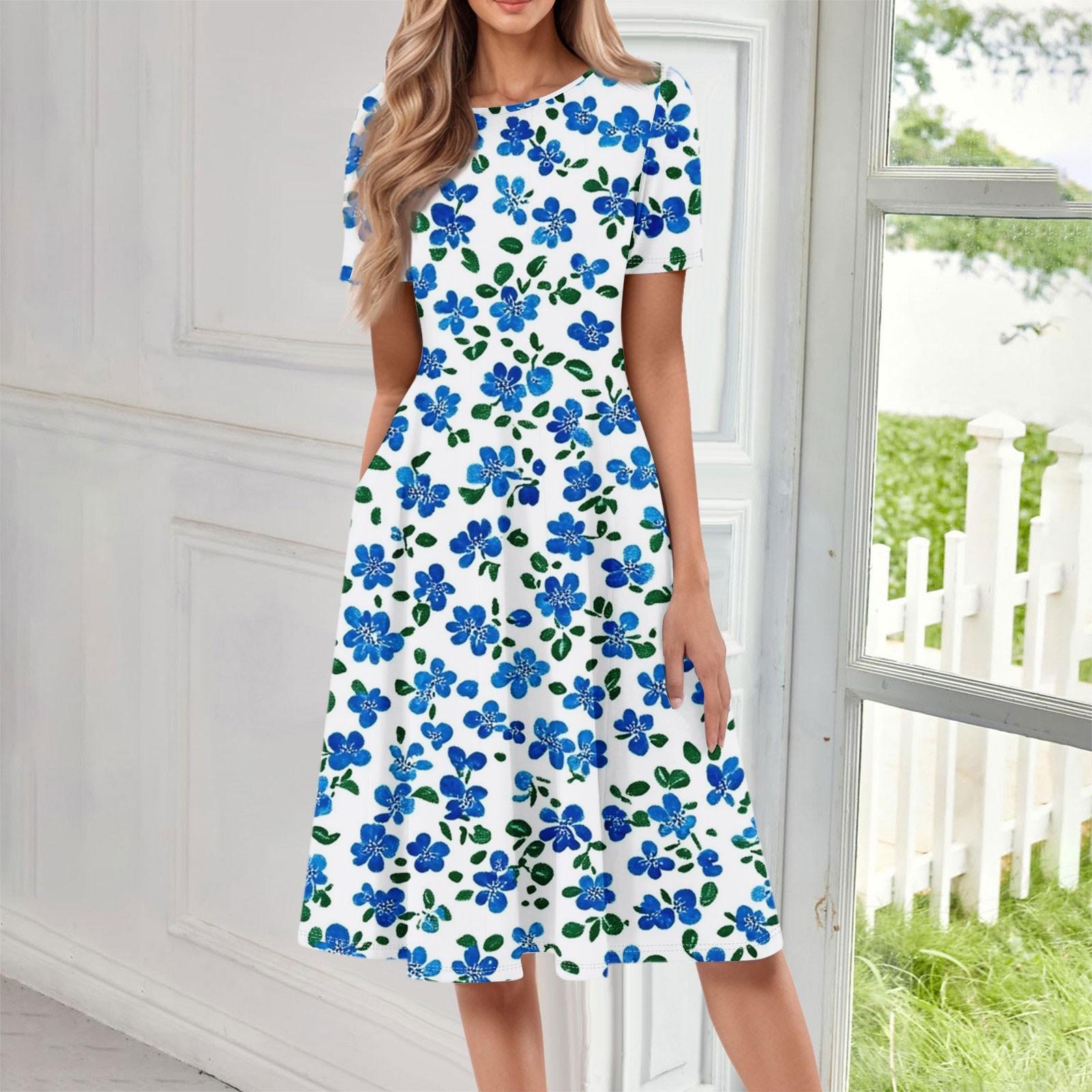 

Женское повседневное модное платье миди с круглым вырезом и коротким рукавом с цветочным принтом XXL синий