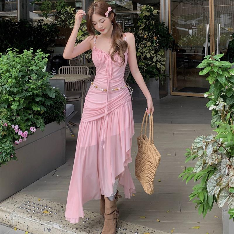 French Sexy Suspender Dress Summer Waist Skinny Seaside Holiday Beach Irregular Long Dress