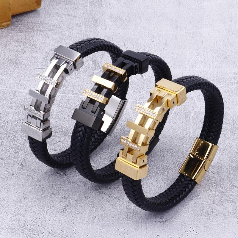 European And American Trendy Creative Diamond -Encrusted Leather Bracelet ,Retro Black Titanium Steel Leather Rope Bracelet