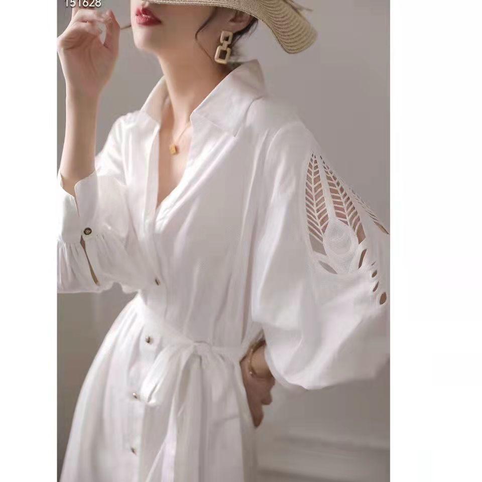 

Модное белое открытое французское платье-рубашка с поясом для женской одежды