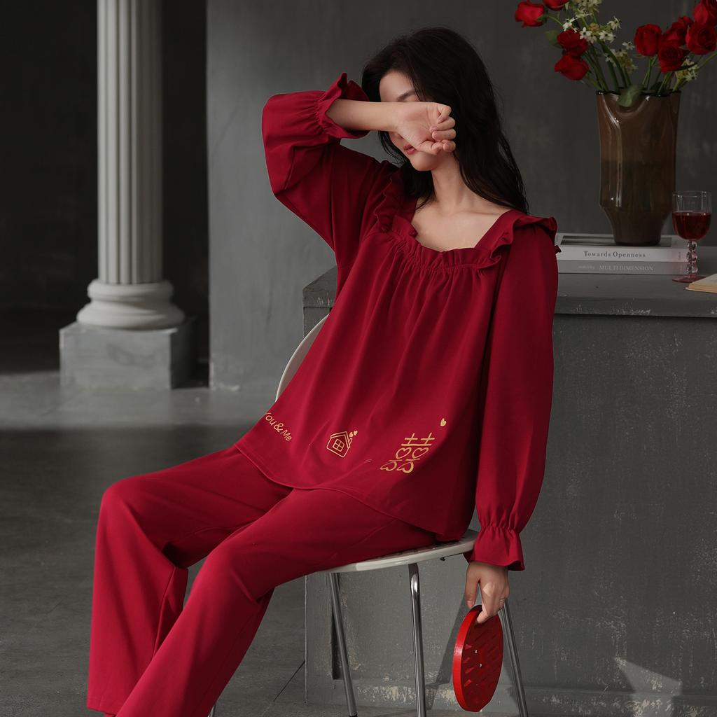 Spring and autumn new red cotton long-sleeved newlywed couple pajamas wedding men and women with chest pads for wedding loungewear winter