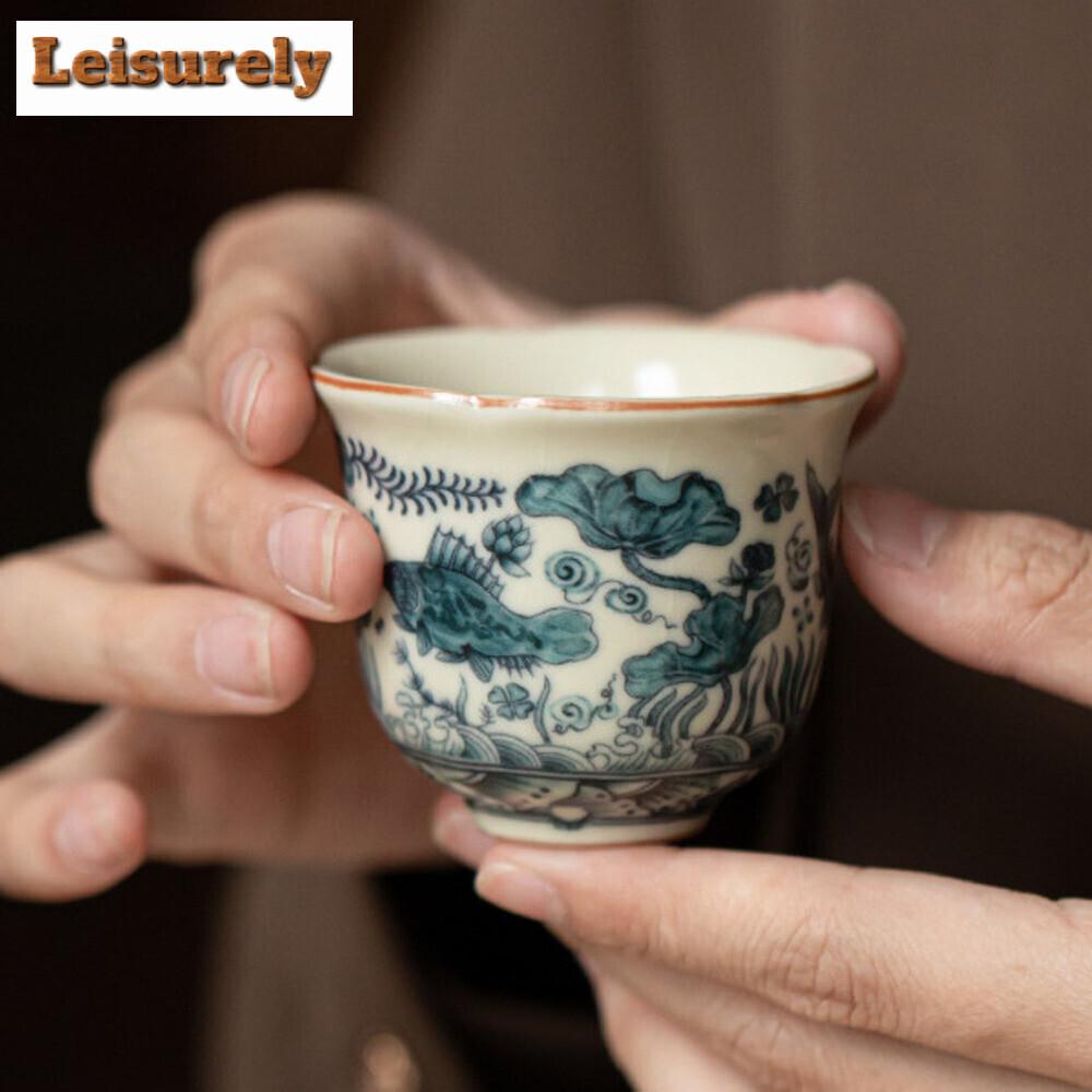 2pc/lot Imitation Song Ru Kiln Tea Cup Fish Algae Pattern Mouth Cup Small Master Single Cup Meditation Cup Bowl Kung Fu Teaware