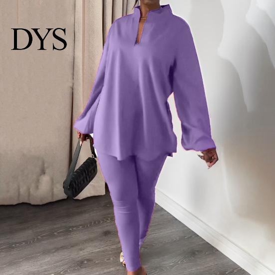 Loose T-shirt Set 2 Pcs/Set Women Top Pants Stand Collar Long Sleeve Split Hem Fall Clothing Blouse Elastic Waist Slim Fit Trousers Daily Wear Outfit