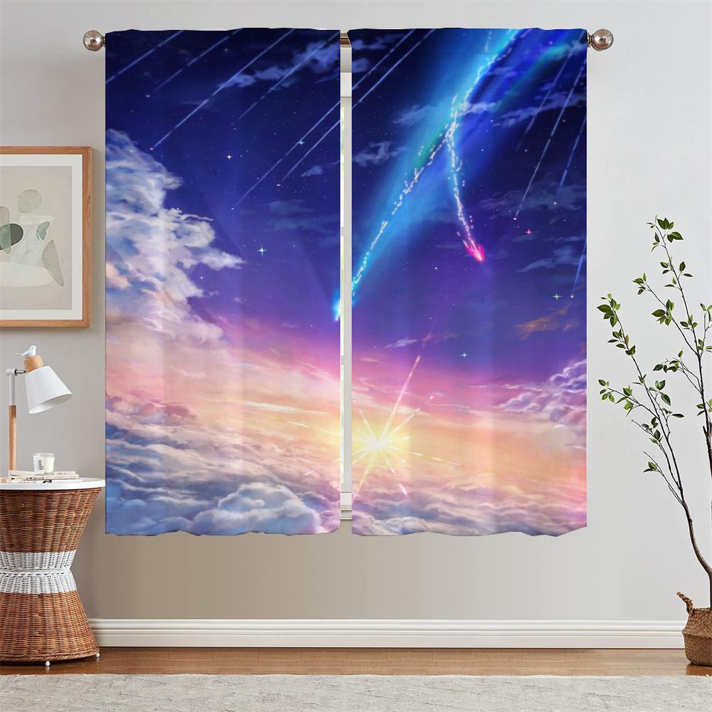Hayao Miyazaki Modern Living Room Curtains for Camera Blind Blackout Curtain Tiebacks Partition Kitchen Curtains 2 Pcs Set Curls