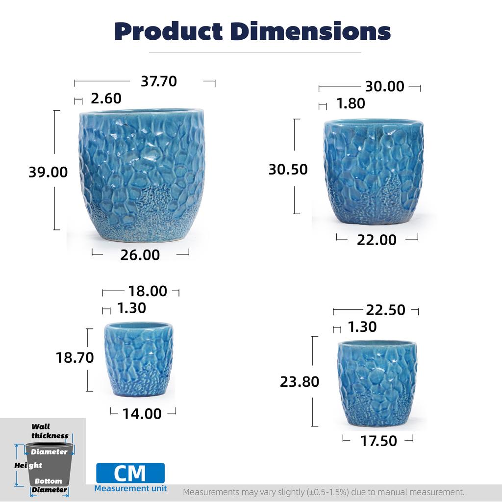 Handmade Ceramic Plant Pot Set of 4 (diameter 38/30/22.5/18 Cm), Glossy Blue with Round Hammered Relief, Frost-Resistant, with Drainage Holes