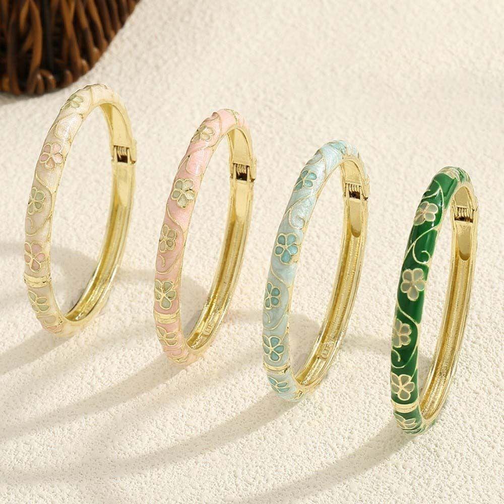 Enamel Floral Vintage Cloisonne Bangle Traditional Women's Hand Bracelet Flower Leaf Bangle Girls