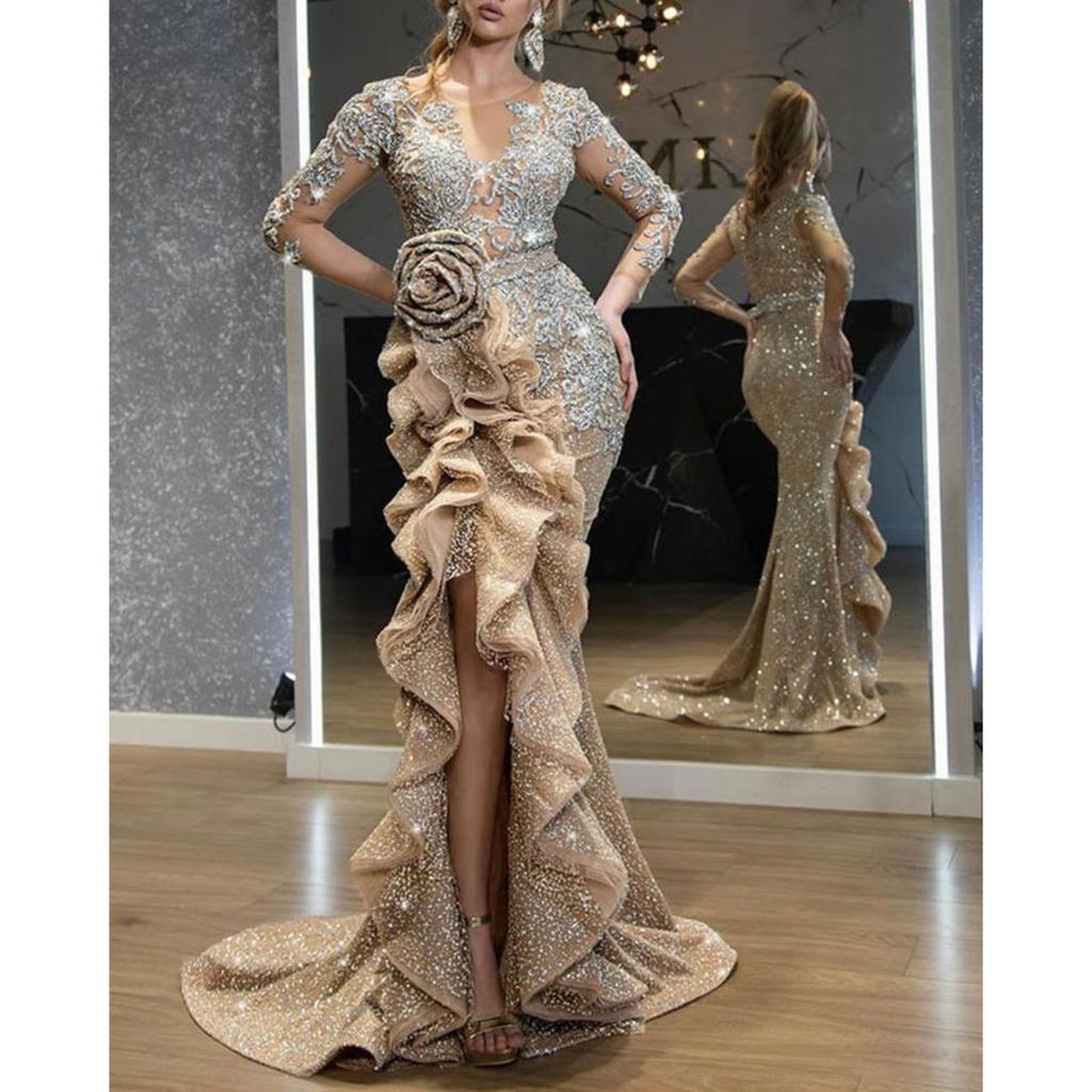 New Women's Sequin Long Sleeve Trailing Evening Prom Gown, Sexy Formal Party Dress for Crossborder