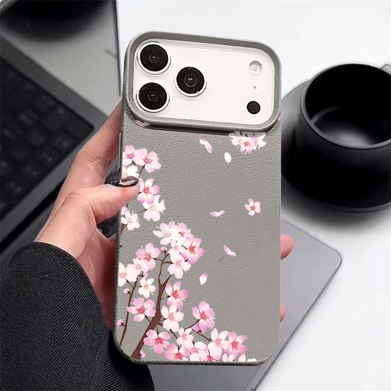 Pink Peach Blossoms Floral Pattern Case For iPhone 17 Pro Max Funda iPhone 16 Pro Max 15 14 13 12 11 Air 16E Leather Texture Silicone Cover