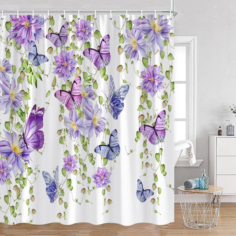 Floral Blue Butterfly Shower Curtain Purple Flowers Butterflies Plant Polyester Fabric Bathroom Decor Bath Curtains with Hooks
