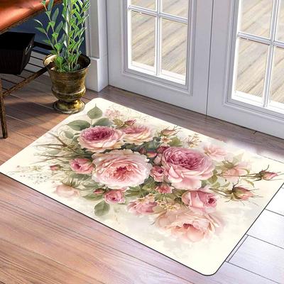 VIKAMA Hallway Area Rug Luxury Pink Floral Print Entrance Mat Laundry Room And Bathroom Rug Home Decor