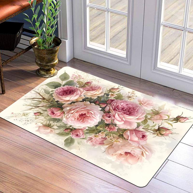 VIKAMA  Hallway Area Rug Luxury Pink Floral Print Entrance Mat Laundry Room And Bathroom Rug Home Decor