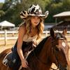 Western Cowboy Hat, Moderate Wide Brim Suede Fabric Black White Cow Print Hat with Faux Leather Band Metal Rivets, Outdoor Cycling Sun Protection Hat