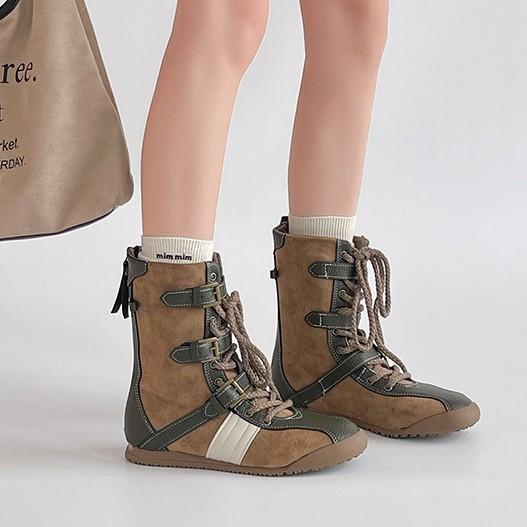 Retro style color matching splicing lace-up belt buckle flat-bottomed German training shoes women's 2025 autumn and winter new sports shoes boxing bo