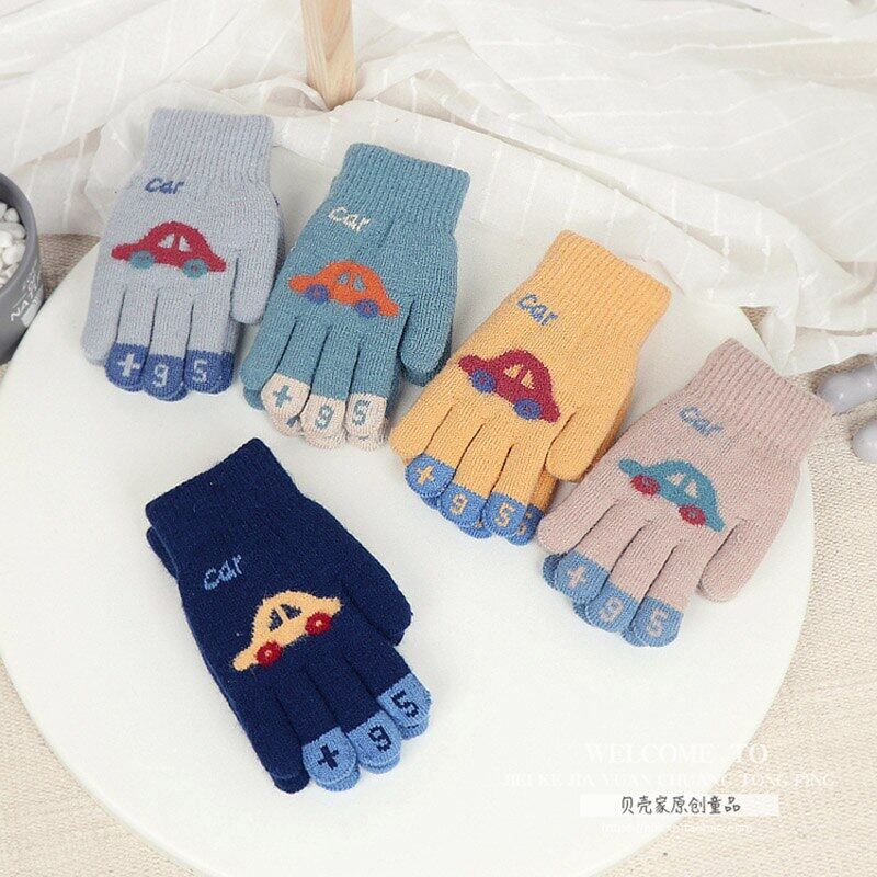 Children Gloves For 4-8 Years Boys Girls Winter Knitted Soft Warm Cartoon Car Full Finger Gloves
