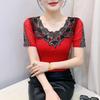 New Lace Hollow Embroidery Flower Mesh T-Shirt Fashion Casual Short Sleeve Hot Diamonds Women's Tops Elegant O-Neck Sexy Tees
