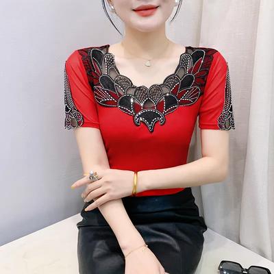 New Lace Hollow Embroidery Flower Mesh T-Shirt Fashion Casual Short Sleeve Hot Diamonds Women's Tops Elegant O-Neck Sexy Tees