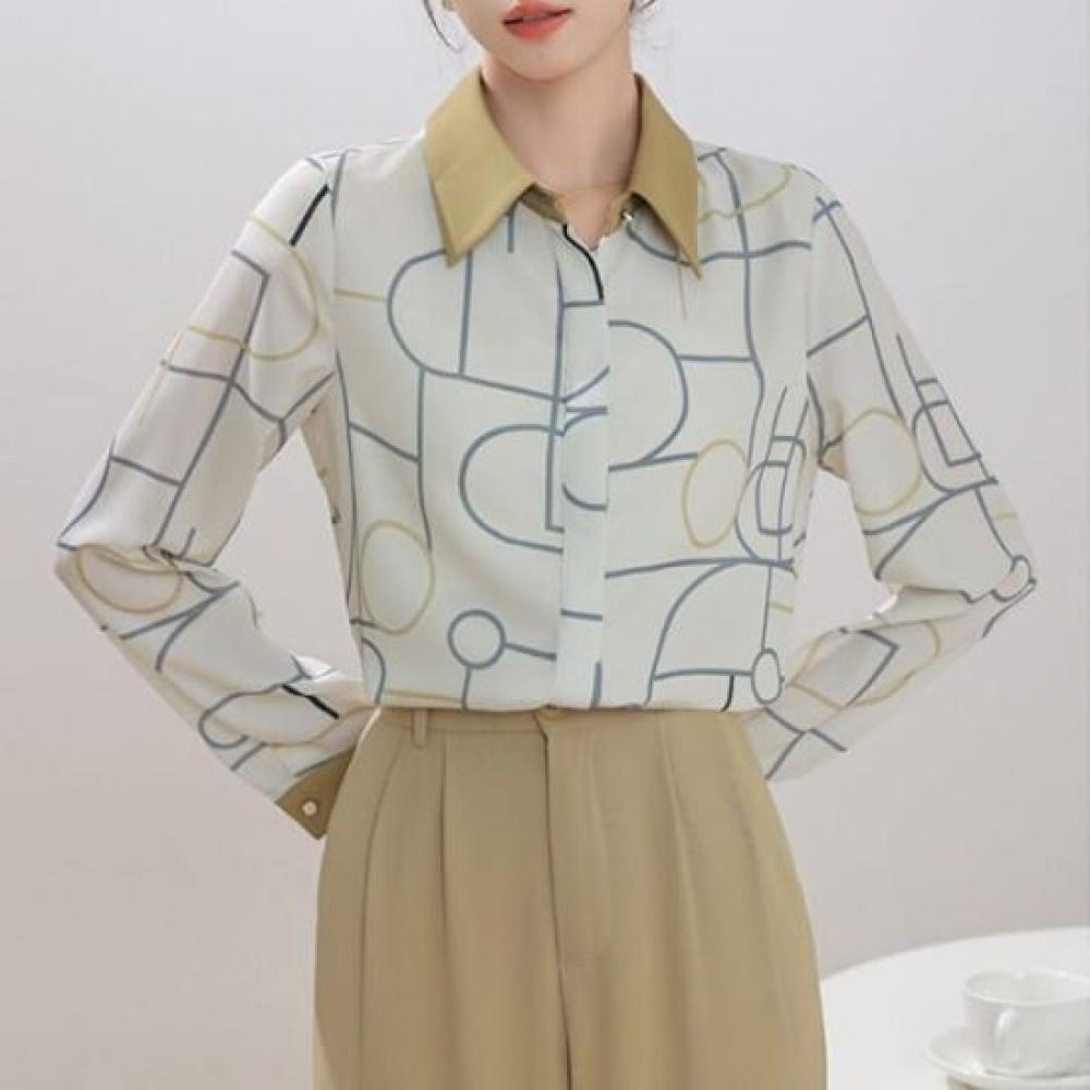 Navava Unisex Vintage Printing Pattern Long Sleeve Collar Shirt Nb2422