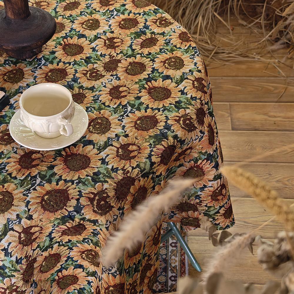 1 PC American Countryside Style Sunflower Round Table Tablecloth, Decorated With Retro Polyester Fiber Rectangular Thick Dust-Pr