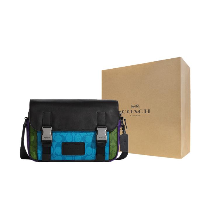 New COACH Track Cow Leather Patchwork Messenger Bag, Shoulder Bag, Crossbody Bag Tubas Unisex Black & Blue C9839-QBO3H