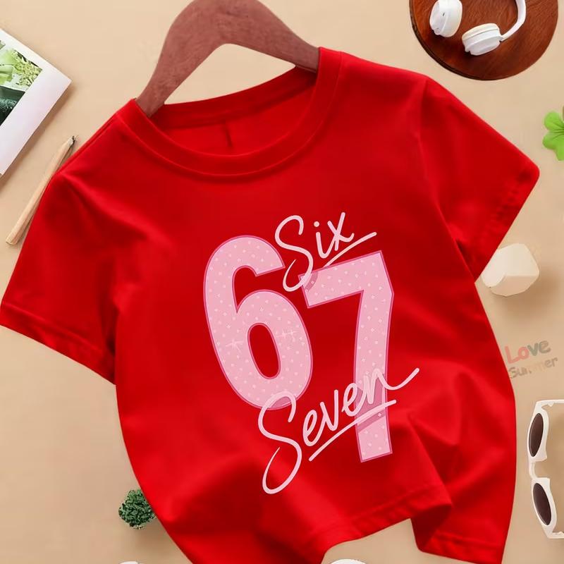 67 Number Print girls T Shirts 4 To 14 Years T Shirt Casual Italian Brainrot Summer Top Suitable for Funny Gift for Casual Attire