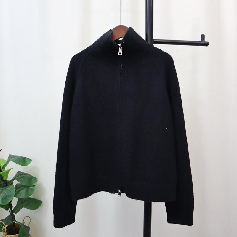 Thickened double zipper sweater jacket autumn and winter new loose solid color casual versatile knitted cardigan women