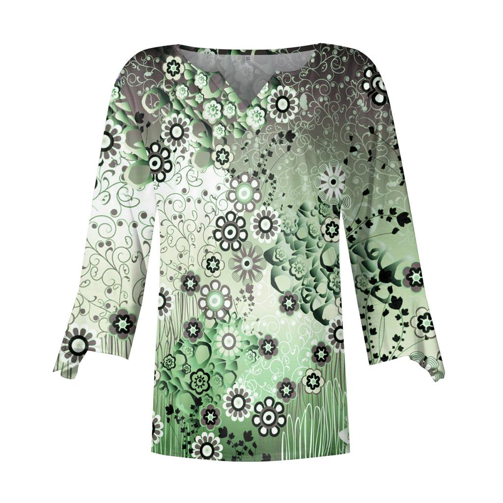 3/4 Sleeve Shirts For Women Pattern Print Graphic Tees Blouses Casual Plus Size Basic Tops Pullover