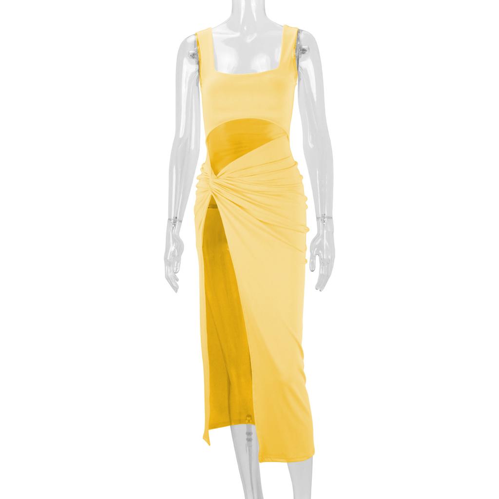 Women Long Dress Solid Color Hollow Navel Sexy Dress