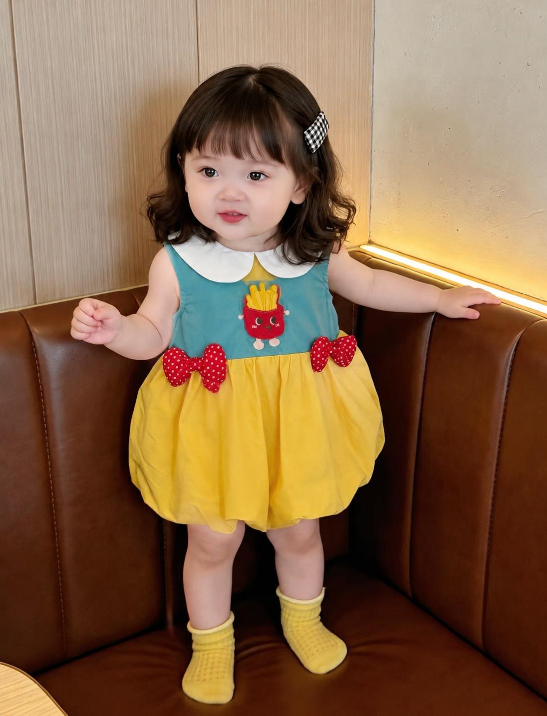 Baby Girls Summer Cute Cartoon Fries Print Peter Pan Collar A-Line Dress 90