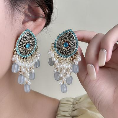 Diamond Drop Fringed Pearl Earrings Retro Bohemian Ethnic Stud Earrings Light Luxury Temperament Earrings