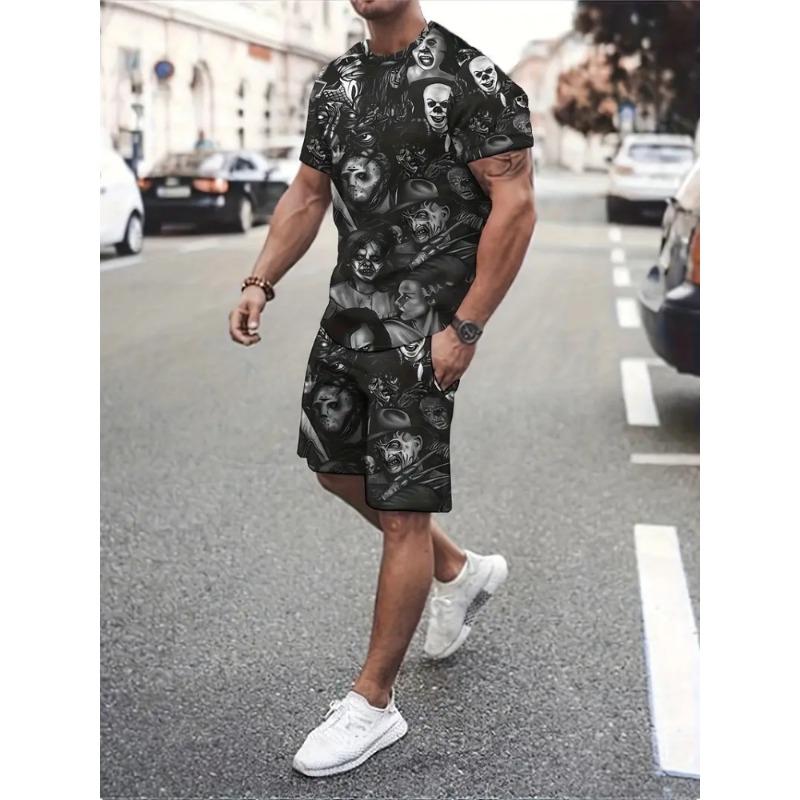 Cute Cartoon Print Summer Casual Crew-neck Men's Suit Urban Fashion Street Short-sleeved Top And Shorts Casual All-match Outfit