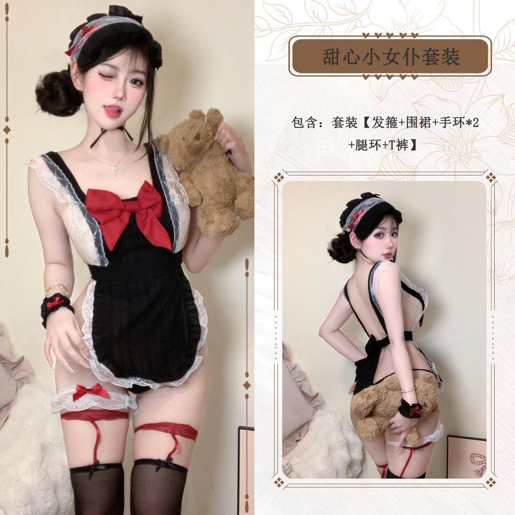Erotic lingerie, sweet and sexy, pure and sensual, maid role-playing, lace bow uniform, seductive no-take suit