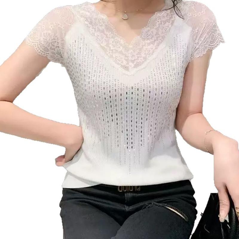 Summer short-sleeved patchwork knitted perm women's casual top for inner wear and outer wear