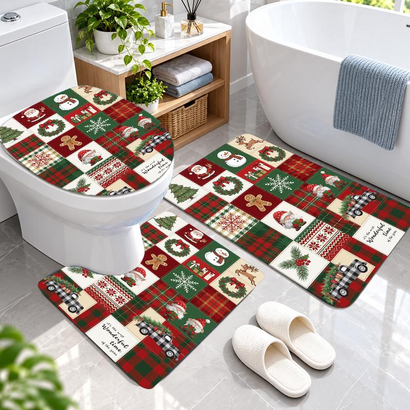 3Pcs Flannel Toilet Mat Set Christmas Bathroom Rug Bath Carpet Non Slip Home Decor