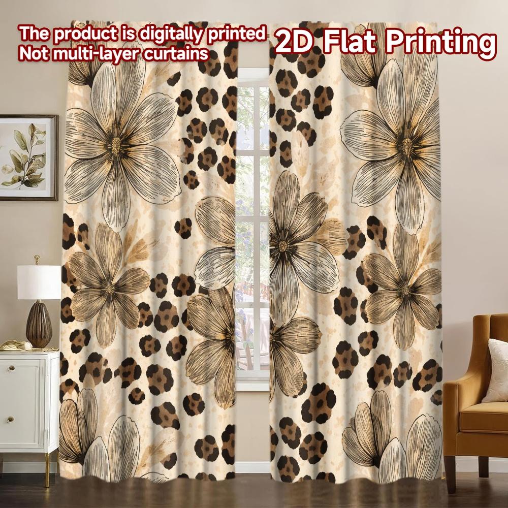 2D FLAT PRINTING 2pcs Curtains (Without Rod) Floral and Leopard Mix Fashionable Modern Curtains Polyester Easy Install Curtains 60×150cm