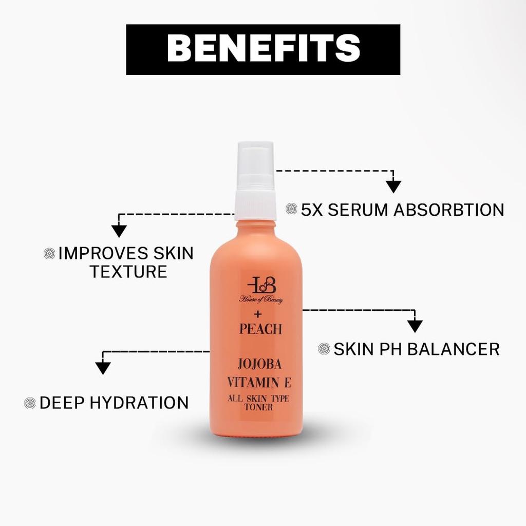 House of Beauty Pfirsich & Jojoba Gesichtswasser mit Vitamin E, Feuchtigkeitsspendendes & Erfrischendes Gesichts-Toner-Spray, Beruhigt, Nährt & Stellt den pH-Wert wieder her- (30ml)