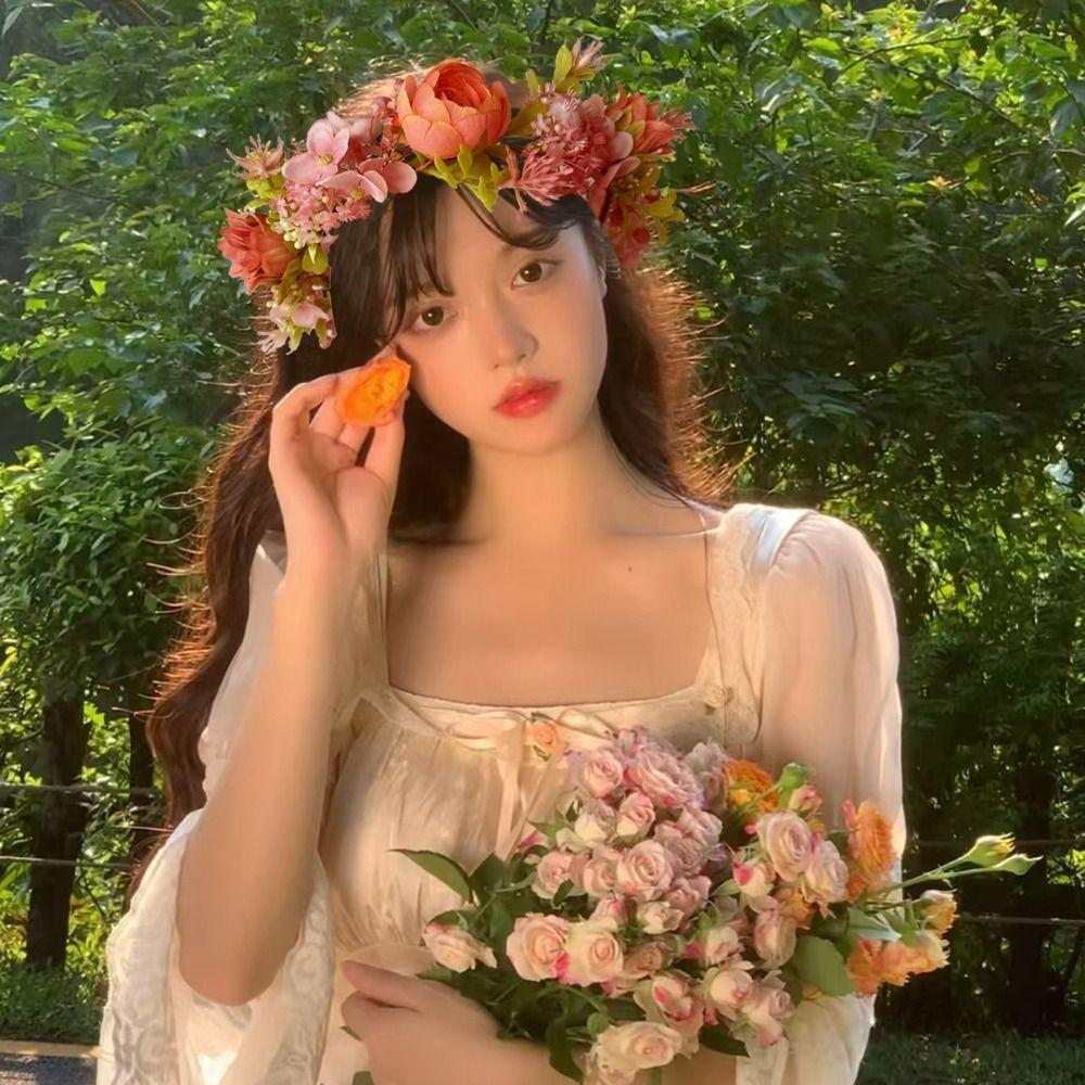 Colorful Artificial Flower Wreath Headband Realistic Spring Headpiece Bride Flower Crown  Holiday