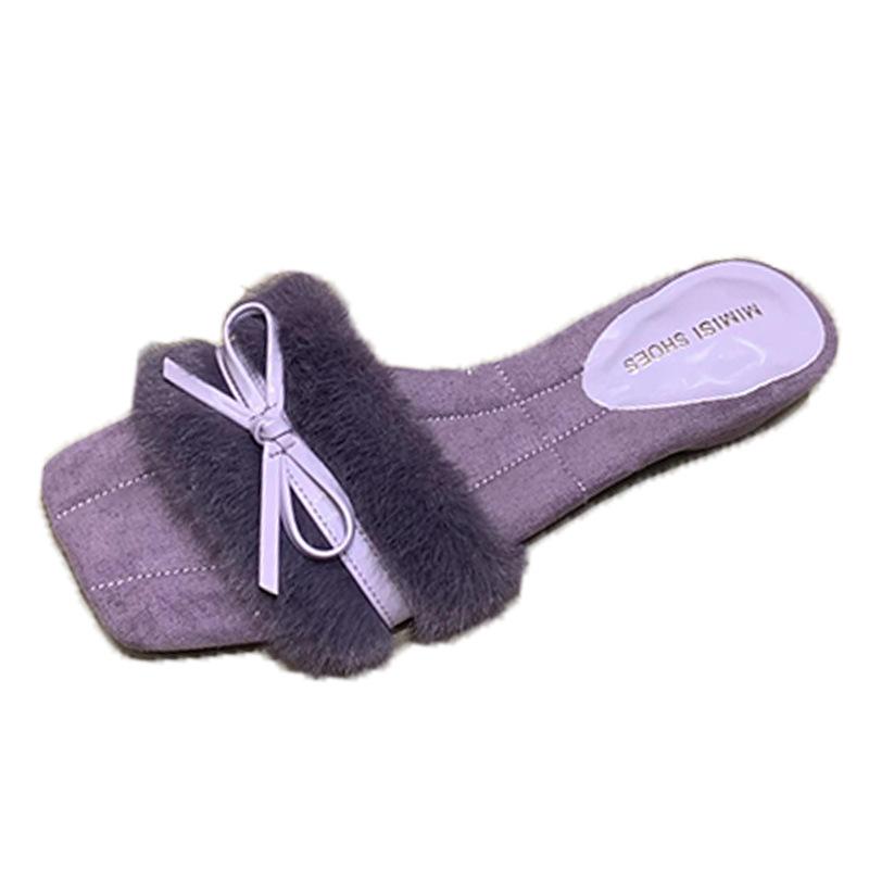 French Bow Square Head Fluffy Slippers Women's Outer Wear 2025 New Autumn Indoor Flat One-word Cotton Slippers