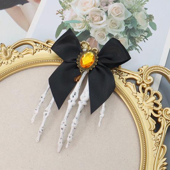 Halloween Skeleton Hand Hair Clips with Bowknot Faux Crystal Hand Bone Hairpin Gothic Skull Claw Hair Accessories for Girls Party Cosplay